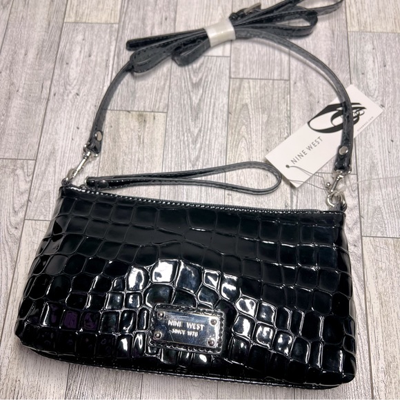 Nine West Handbags - Nine West Crocodile Skin Black Shiny Mini Crossbody Purse Shoulder Bag Wristlet